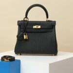 HERMES Kelly 25 Crossbody Bag in Black Togo Leather with Gold Hardware